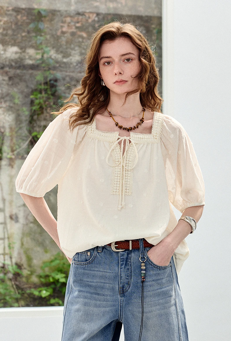 TOYOUTH Women Shirts 2026 Summer New French Style Square Neck Puff Sleeve Jacquard Pastoral Atmosphere Fairy Elegant Casual Tops
