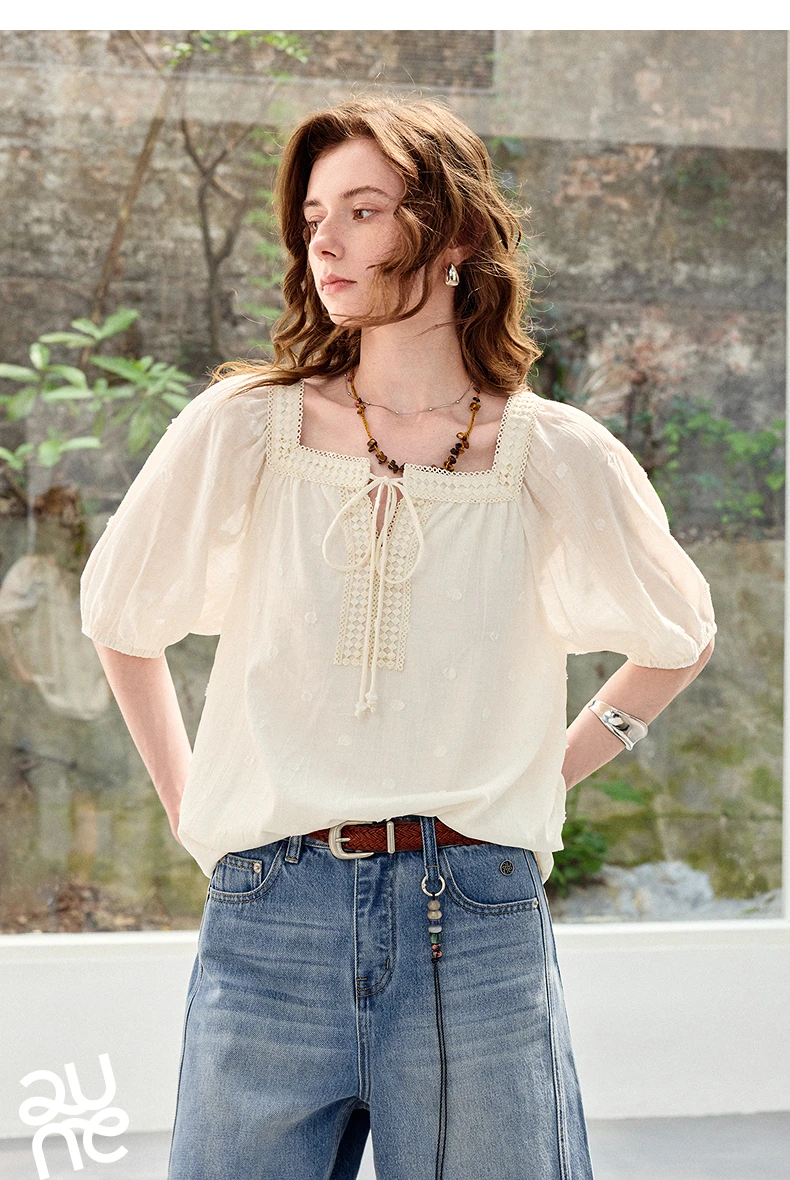 TOYOUTH Women Shirts 2026 Summer New French Style Square Neck Puff Sleeve Jacquard Pastoral Atmosphere Fairy Elegant Casual Tops
