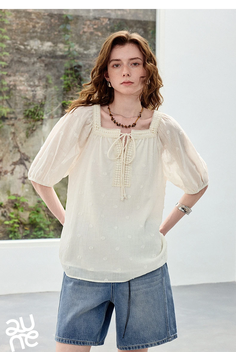 TOYOUTH Women Shirts 2026 Summer New French Style Square Neck Puff Sleeve Jacquard Pastoral Atmosphere Fairy Elegant Casual Tops