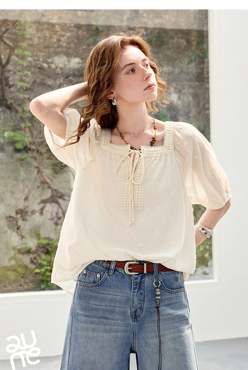 TOYOUTH Women Shirts 2026 Summer New French Style Square Neck Puff Sleeve Jacquard Pastoral Atmosphere Fairy Elegant Casual Tops