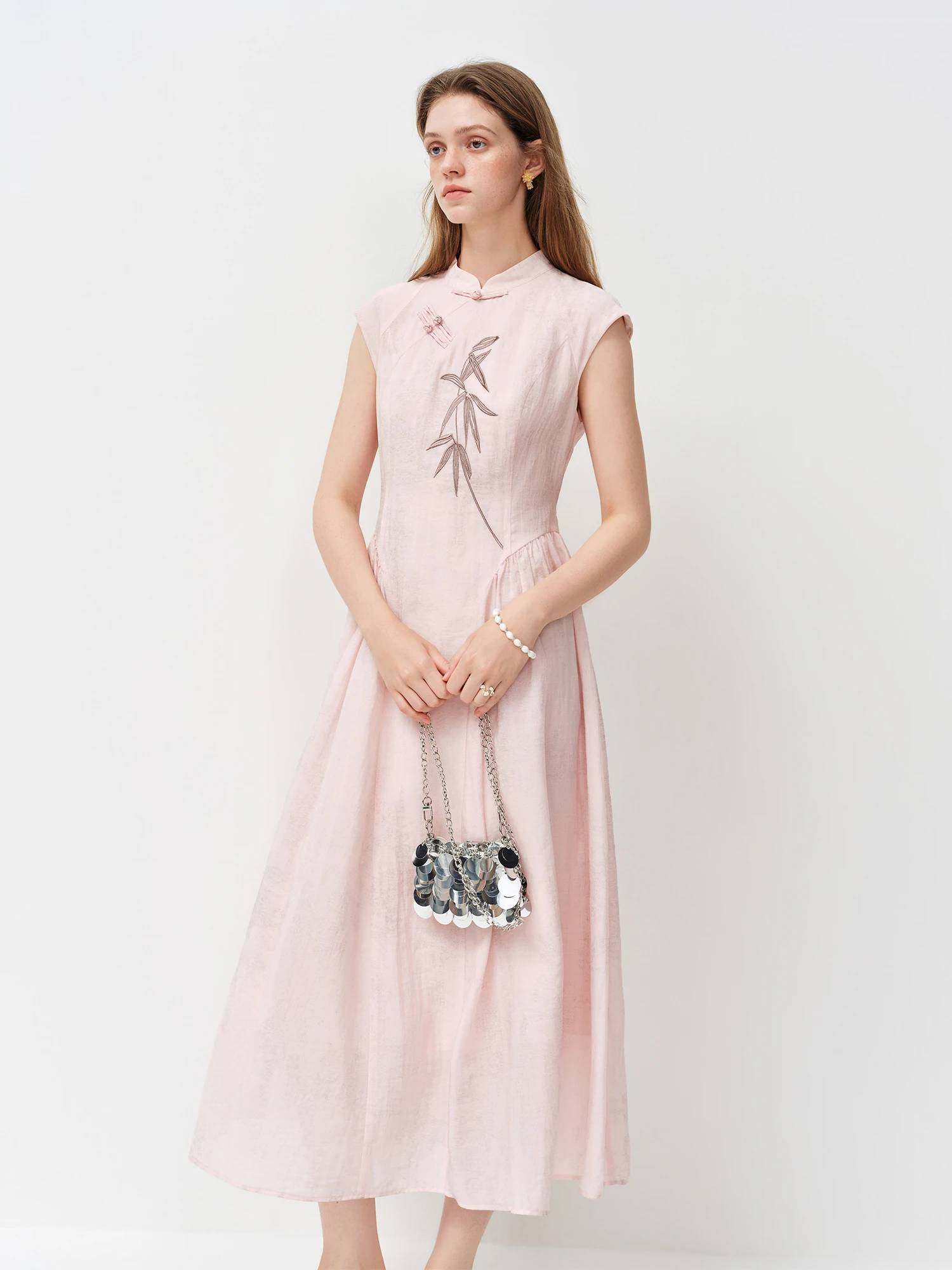 FSLE New Chinese Style Embroidery Slim-Fit Long Dress for Women 2026 Summer New Arrivals A-Line Waist-defining Skirt for Dates