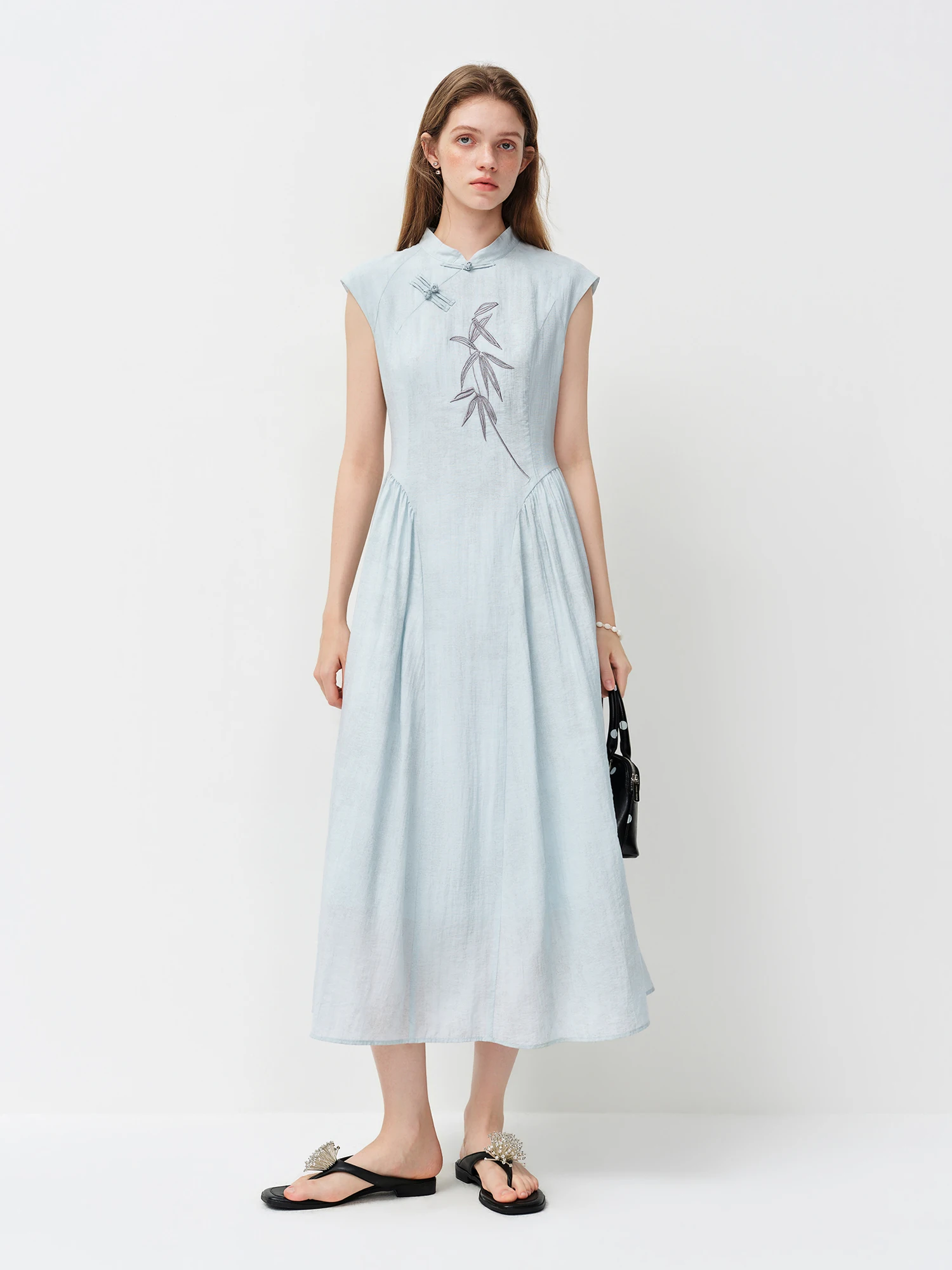 FSLE New Chinese Style Embroidery Slim-Fit Long Dress for Women 2026 Summer New Arrivals A-Line Waist-defining Skirt for Dates