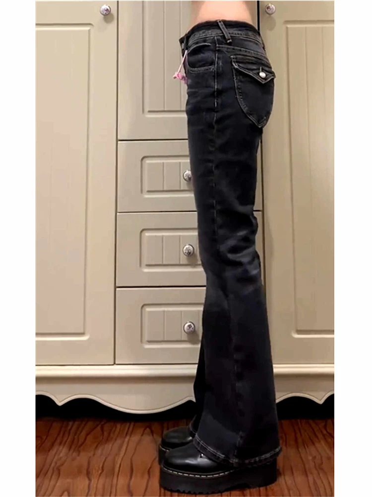 Women's Low Rise Flared Jeans Black Bootcut Jeans American Retro Denim Pants Y2k Japanese 2000s Harajuku Bell Bottom Skinny Jean