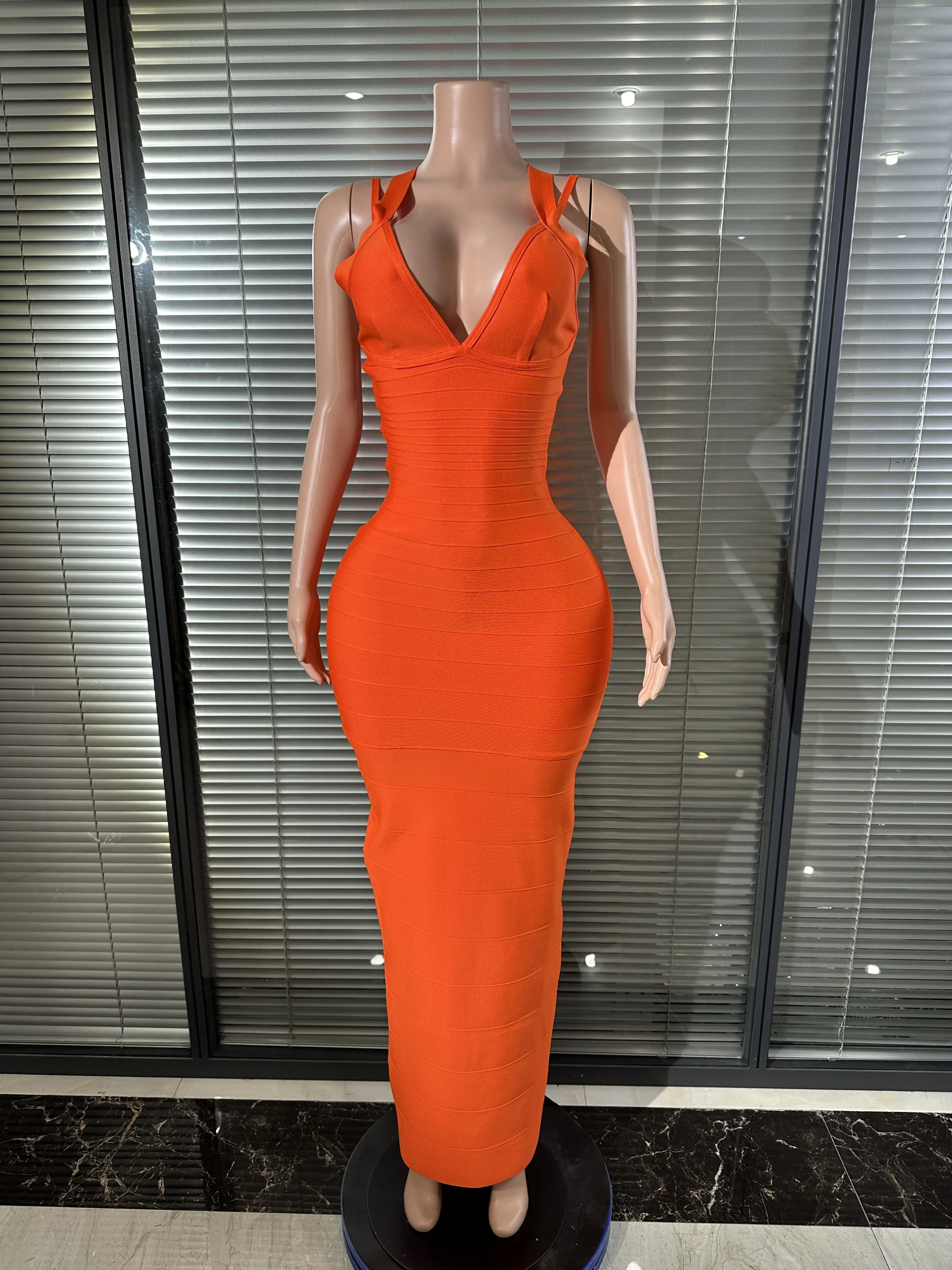 Vibrant Orange Bandage Maxi Dress Sexy Performance Costume Singer Stage Nightclub Elegant Formal Event Attire