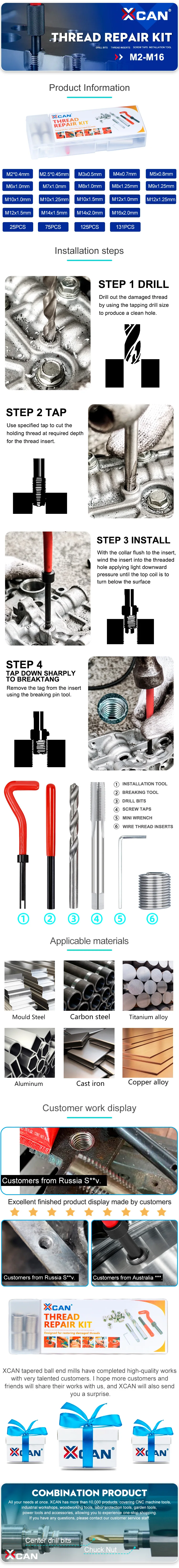 XCAN Thread Repair Tool 25pcs M3/M4/M5/M6/M7/M8/M10/M12/14 for Restoring Damaged Thread Spanner Wrench Twist Drill Bit Hand Tool