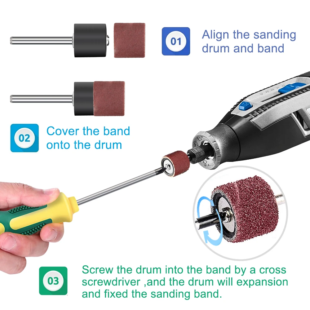 CMCP Sanding Drum Set Grit #80 #100 #120 Dremel With Sanding Mandrels Sanding Bands For Dremel Rotary Tools Abrasive Tools