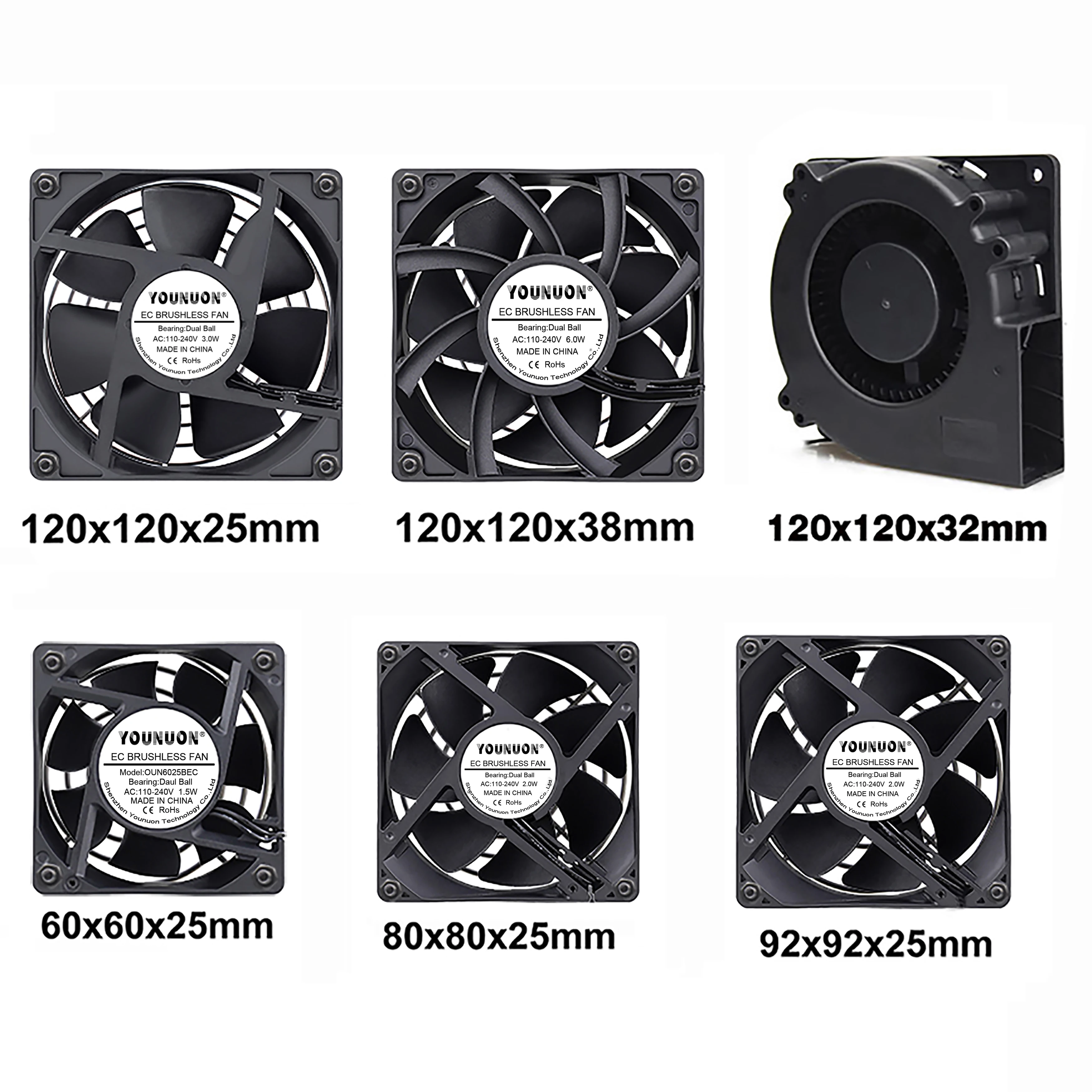 YOUNUON 60mm 80mm 90mm 120mm EC Brushless Fan AC 110V 115V 120V 220V 240V Axial Fan with Srews/Grill 6025 8025 9225 12025 12038