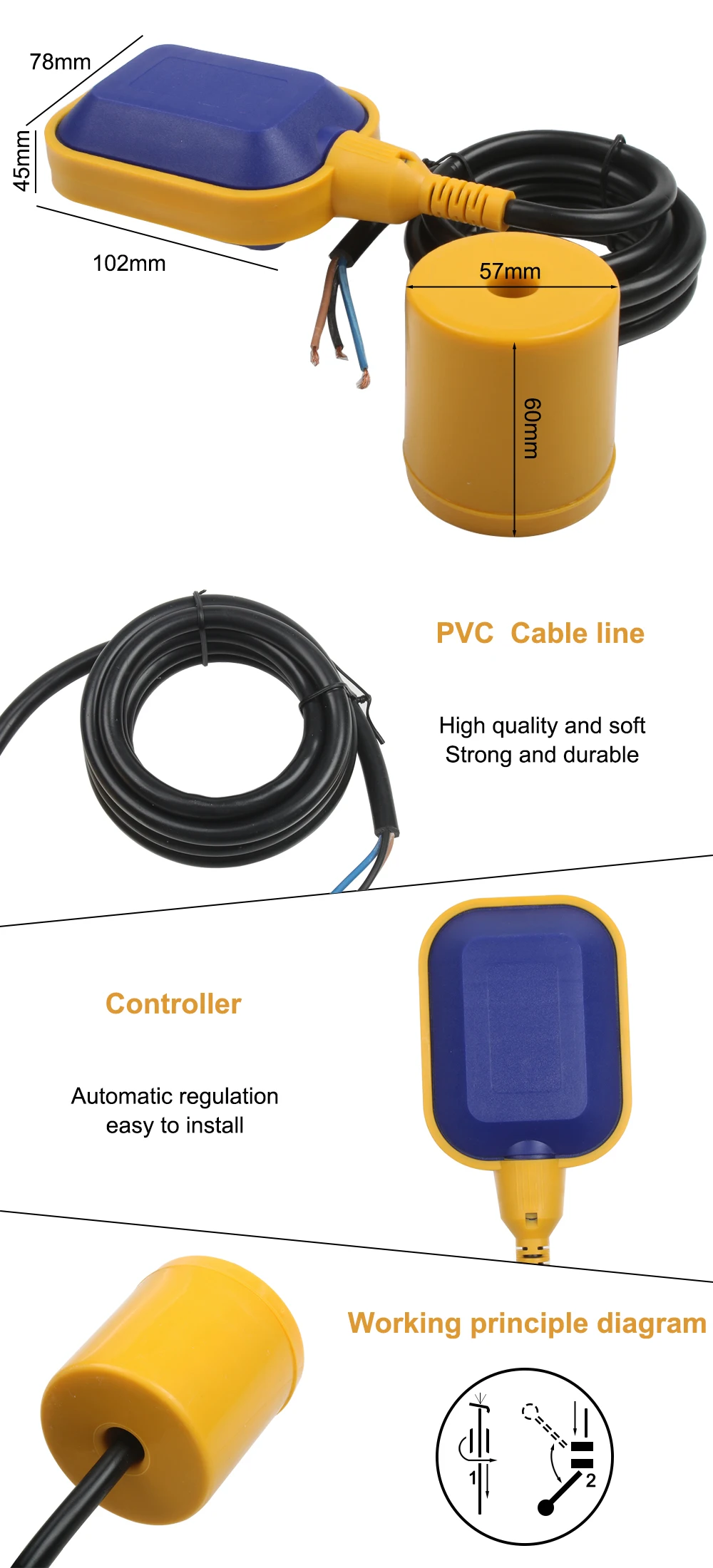 M15-2 M15-3 M15-4 M15-5 3m Cable Controller Float Switch Liquid Fluid Water Level Float Switch Controller Contactor Sensor