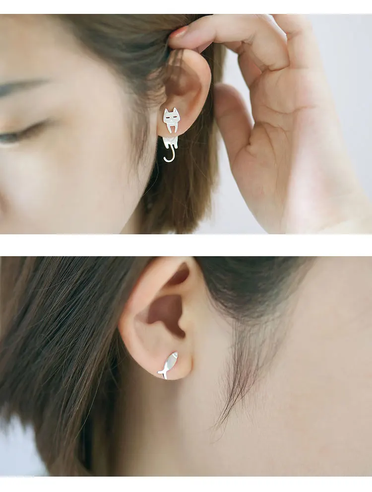 925 Sterling Silver Cat Fish Stud Earrings For Women Gift Hypoallergenic Sterling-silver-jewelry Prevent Allergy
