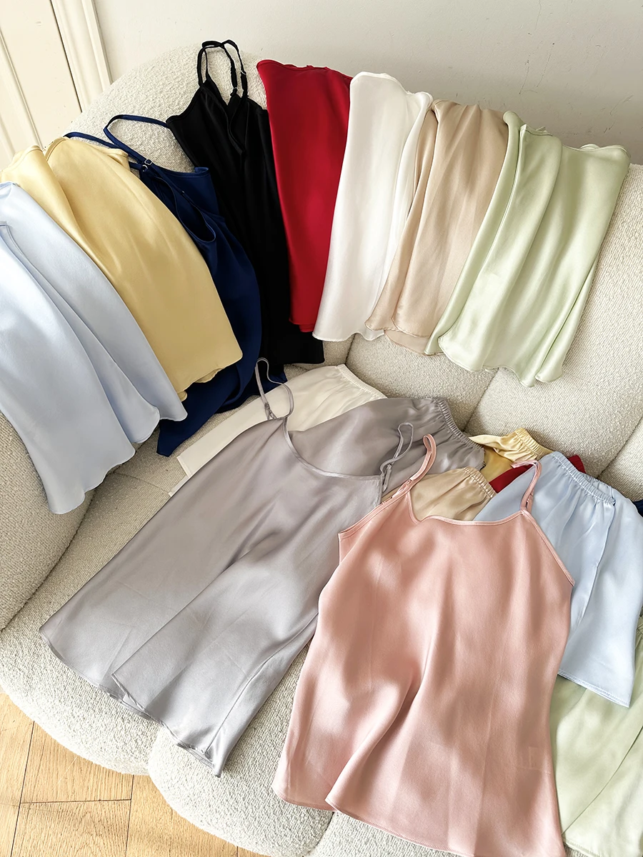SuyaDream. Women Camis and Shorts, 19MM 100%Real Silk, Sleeveless Chic Summer Set, 2024 Solid Camisoles, White, Pink, Beige
