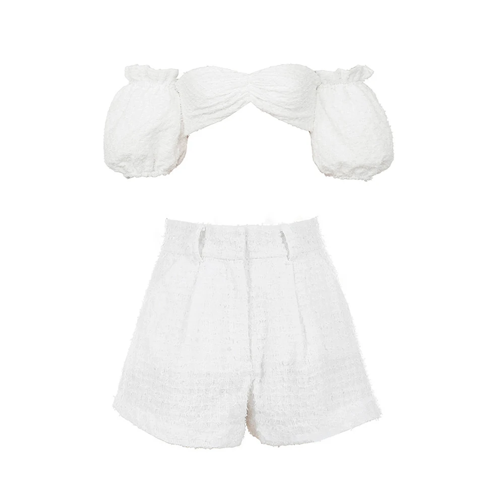 Two Piece Set Women Off Shoulder Puff Sleeve Short Crop Top High Waist Wide Shorts Tracksuit Sexy Conjunto Femenino 2 Piece Set