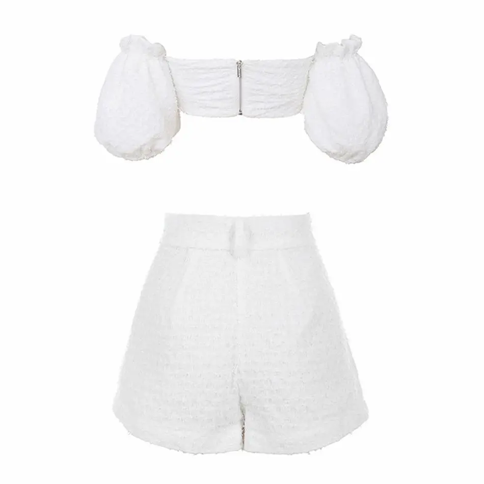 Two Piece Set Women Off Shoulder Puff Sleeve Short Crop Top High Waist Wide Shorts Tracksuit Sexy Conjunto Femenino 2 Piece Set