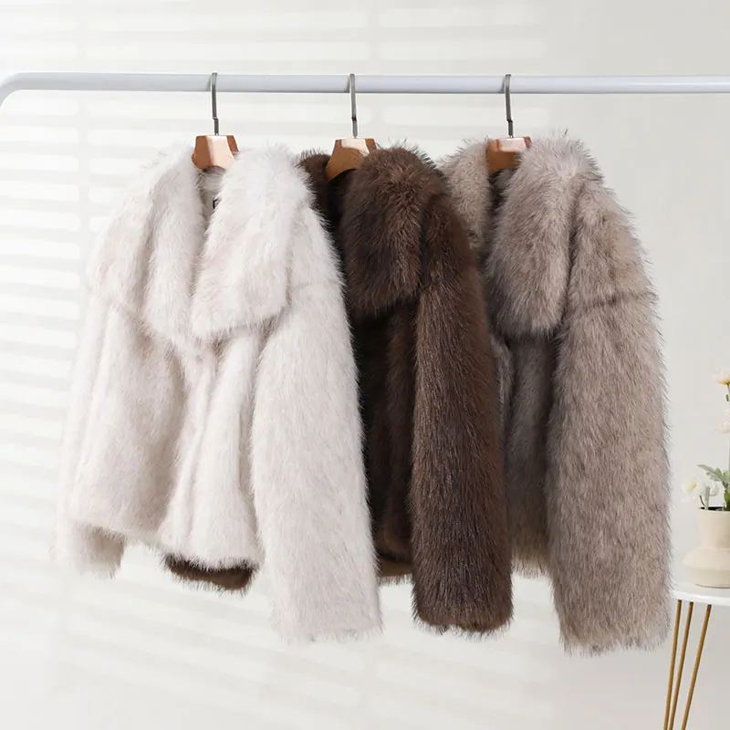 2024 Winter New Fashion Gradient Fluffy Fur Coat Women High Street Luxury Big Fur Collar Faux Fox Fur Jacket Female Overcoats