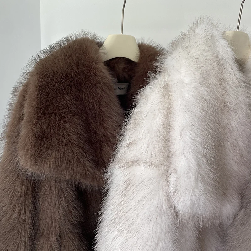 2024 Winter New Fashion Gradient Fluffy Fur Coat Women High Street Luxury Big Fur Collar Faux Fox Fur Jacket Female Overcoats