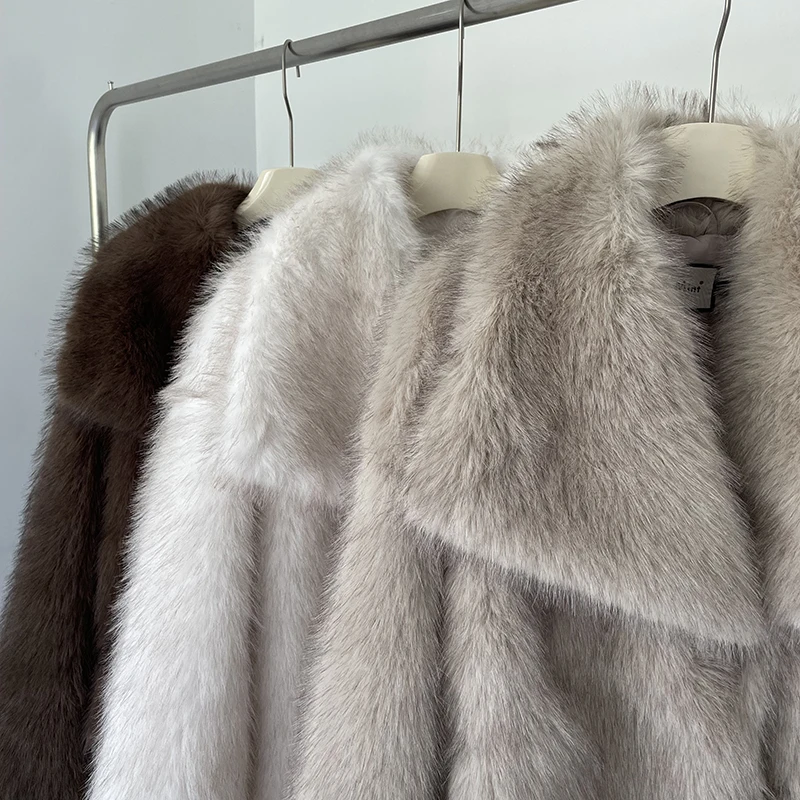 2024 Winter New Fashion Gradient Fluffy Fur Coat Women High Street Luxury Big Fur Collar Faux Fox Fur Jacket Female Overcoats