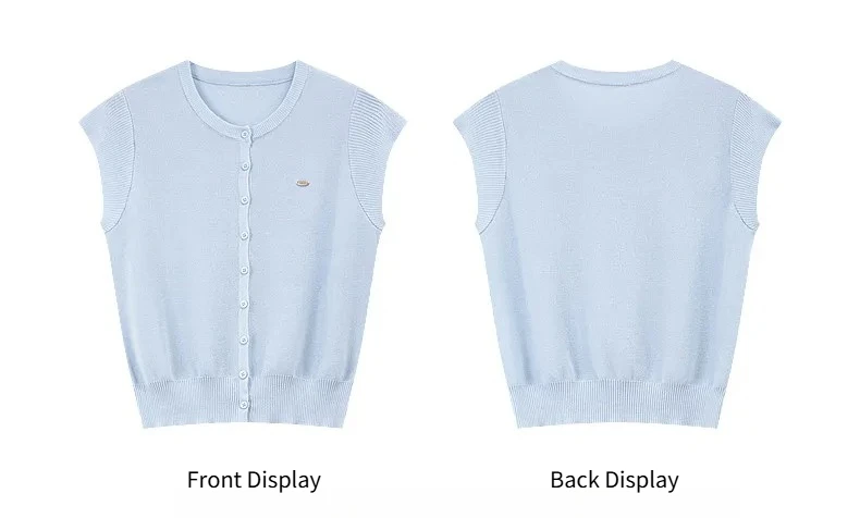 VIMLY Women's Casual Knit Short Sleeve T-shirt 2026 Summer New Blue Crew Neck Button Down Flutter Sleeve Minimalist Top 30935