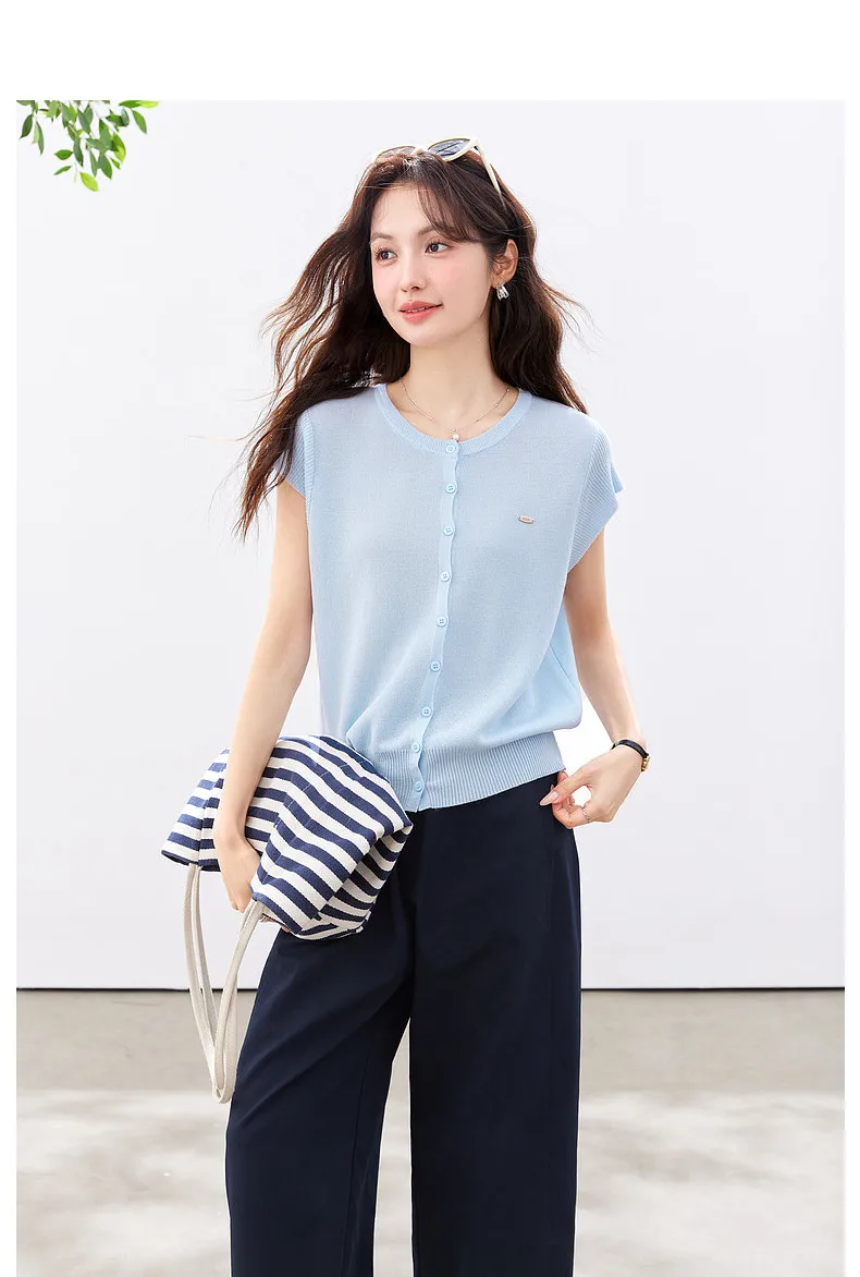 VIMLY Women's Casual Knit Short Sleeve T-shirt 2026 Summer New Blue Crew Neck Button Down Flutter Sleeve Minimalist Top 30935