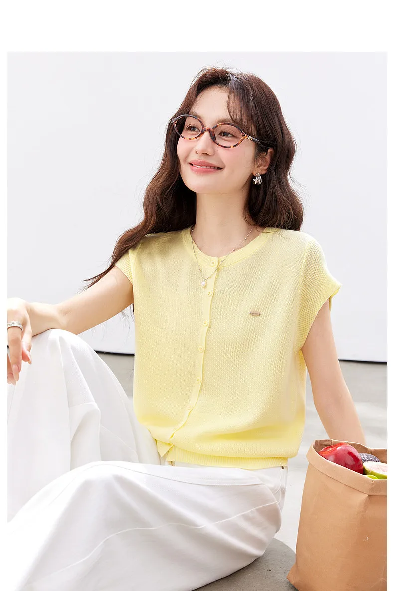 VIMLY Women's Casual Knit Short Sleeve T-shirt 2026 Summer New Blue Crew Neck Button Down Flutter Sleeve Minimalist Top 30935