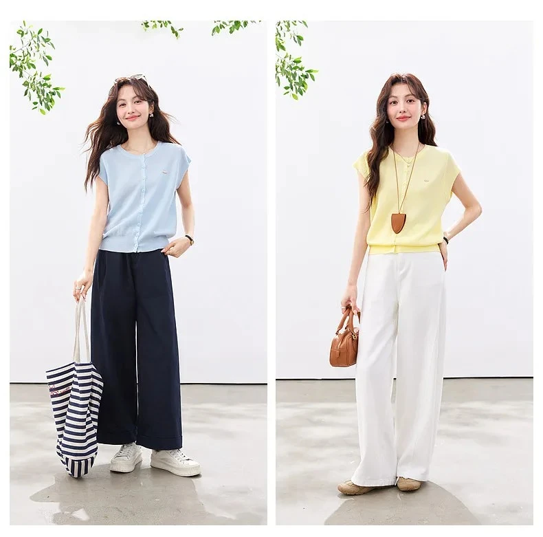 VIMLY Women's Casual Knit Short Sleeve T-shirt 2026 Summer New Blue Crew Neck Button Down Flutter Sleeve Minimalist Top 30935
