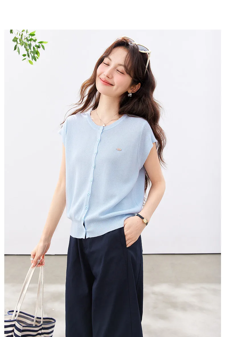 VIMLY Women's Casual Knit Short Sleeve T-shirt 2026 Summer New Blue Crew Neck Button Down Flutter Sleeve Minimalist Top 30935