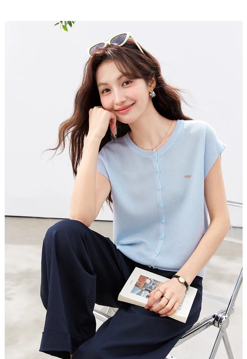 VIMLY Women's Casual Knit Short Sleeve T-shirt 2026 Summer New Blue Crew Neck Button Down Flutter Sleeve Minimalist Top 30935