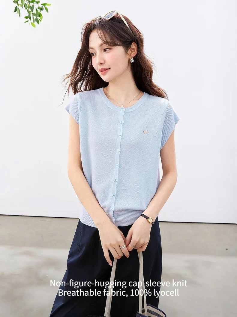 VIMLY Women's Casual Knit Short Sleeve T-shirt 2026 Summer New Blue Crew Neck Button Down Flutter Sleeve Minimalist Top 30935