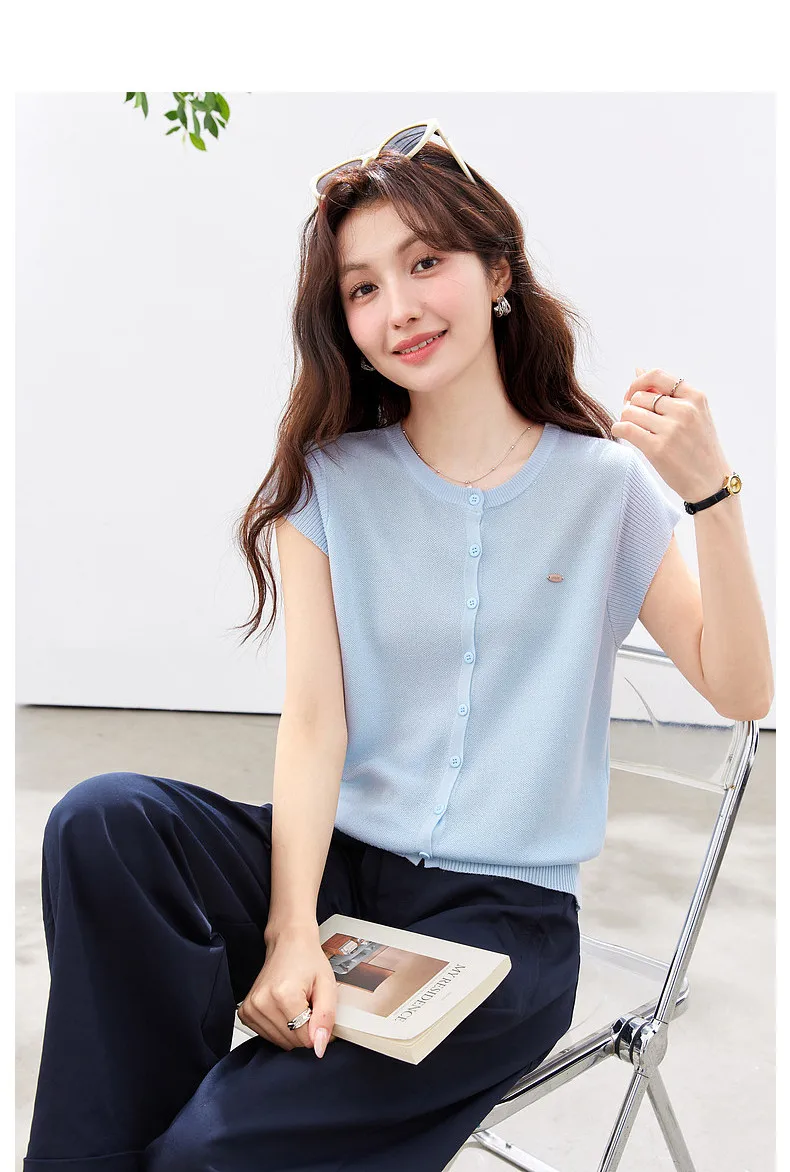 VIMLY Women's Casual Knit Short Sleeve T-shirt 2026 Summer New Blue Crew Neck Button Down Flutter Sleeve Minimalist Top 30935