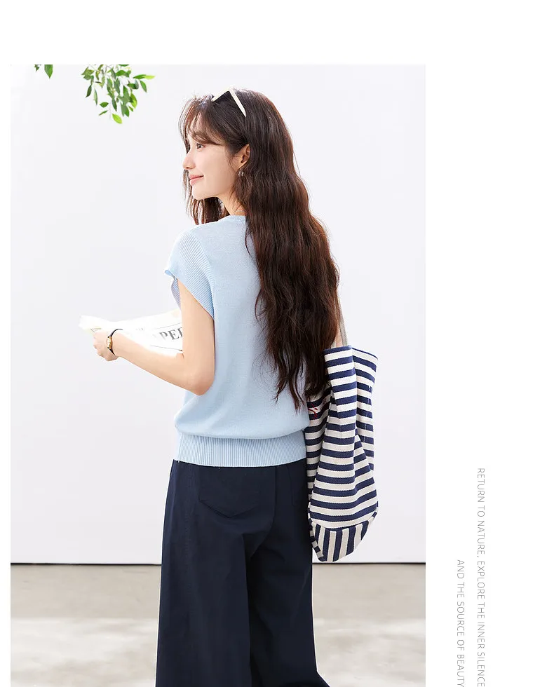 VIMLY Women's Casual Knit Short Sleeve T-shirt 2026 Summer New Blue Crew Neck Button Down Flutter Sleeve Minimalist Top 30935