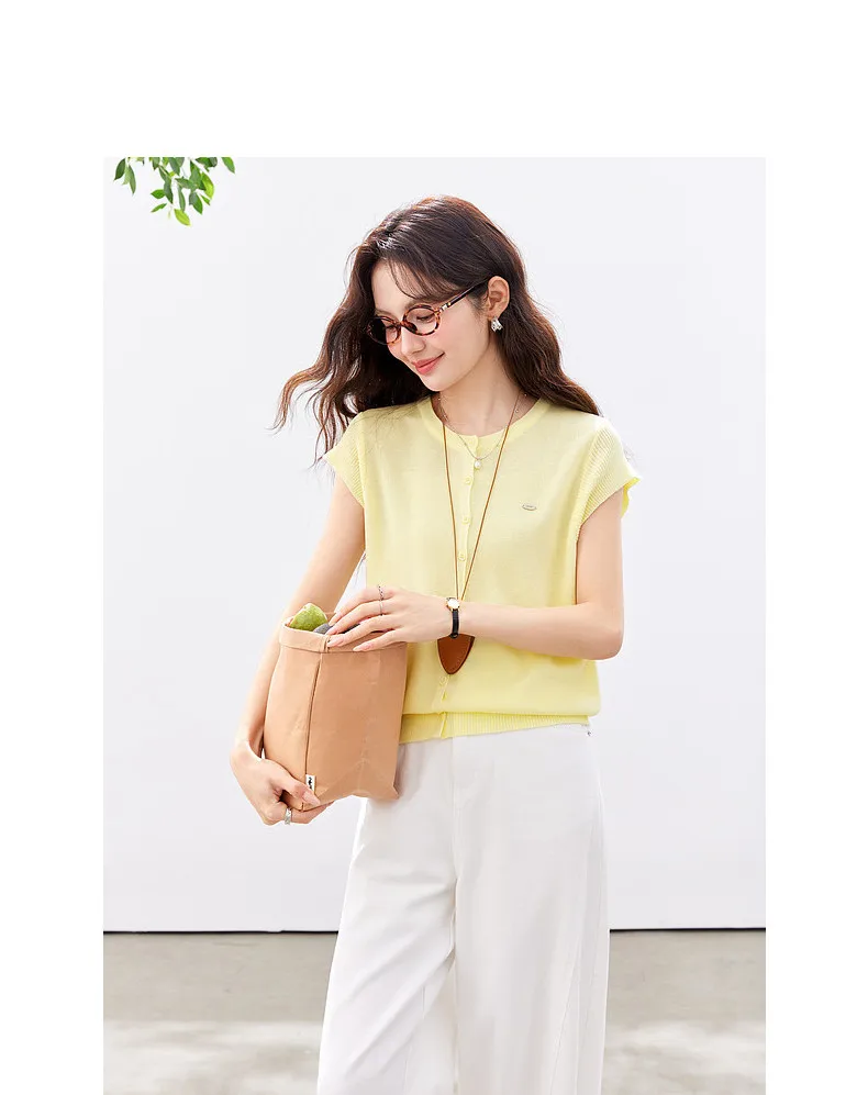 VIMLY Women's Casual Knit Short Sleeve T-shirt 2026 Summer New Blue Crew Neck Button Down Flutter Sleeve Minimalist Top 30935