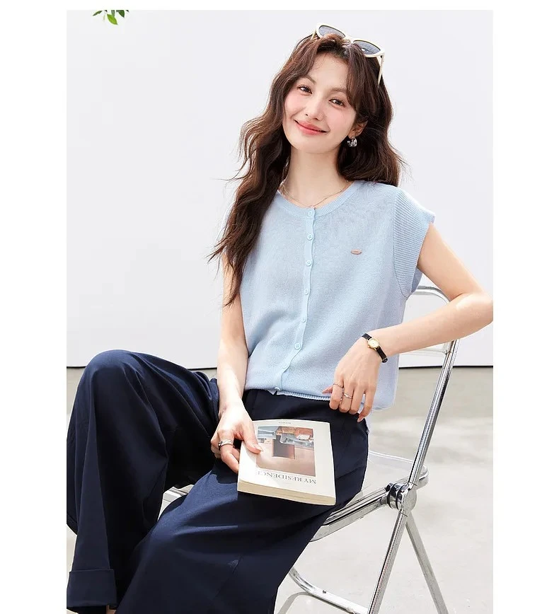 VIMLY Women's Casual Knit Short Sleeve T-shirt 2026 Summer New Blue Crew Neck Button Down Flutter Sleeve Minimalist Top 30935