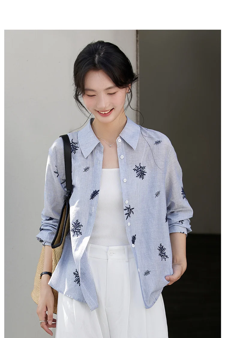 VIMLY Women's Blue Embroidery Shirt Casual 2026 Fall Clothes Striped Long Sleeve Polo Women Shirts Elegant Pure Cotton Top A3100