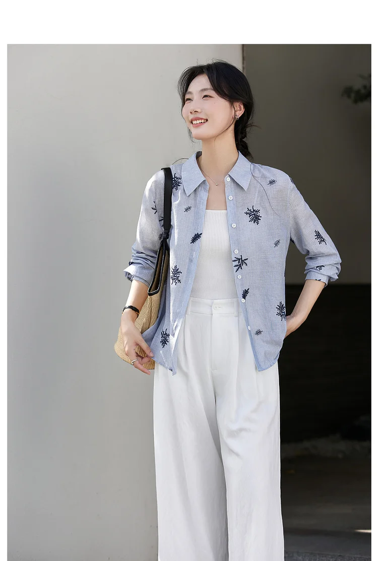 VIMLY Women's Blue Embroidery Shirt Casual 2026 Fall Clothes Striped Long Sleeve Polo Women Shirts Elegant Pure Cotton Top A3100