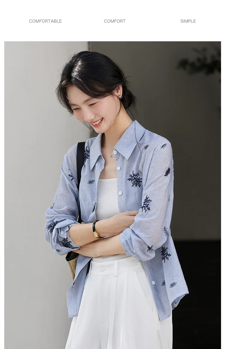 VIMLY Women's Blue Embroidery Shirt Casual 2026 Fall Clothes Striped Long Sleeve Polo Women Shirts Elegant Pure Cotton Top A3100