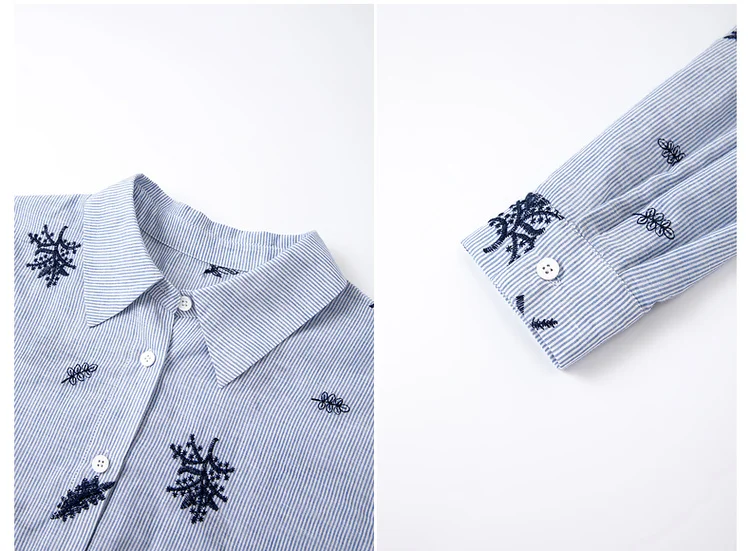 VIMLY Women's Blue Embroidery Shirt Casual 2026 Fall Clothes Striped Long Sleeve Polo Women Shirts Elegant Pure Cotton Top A3100
