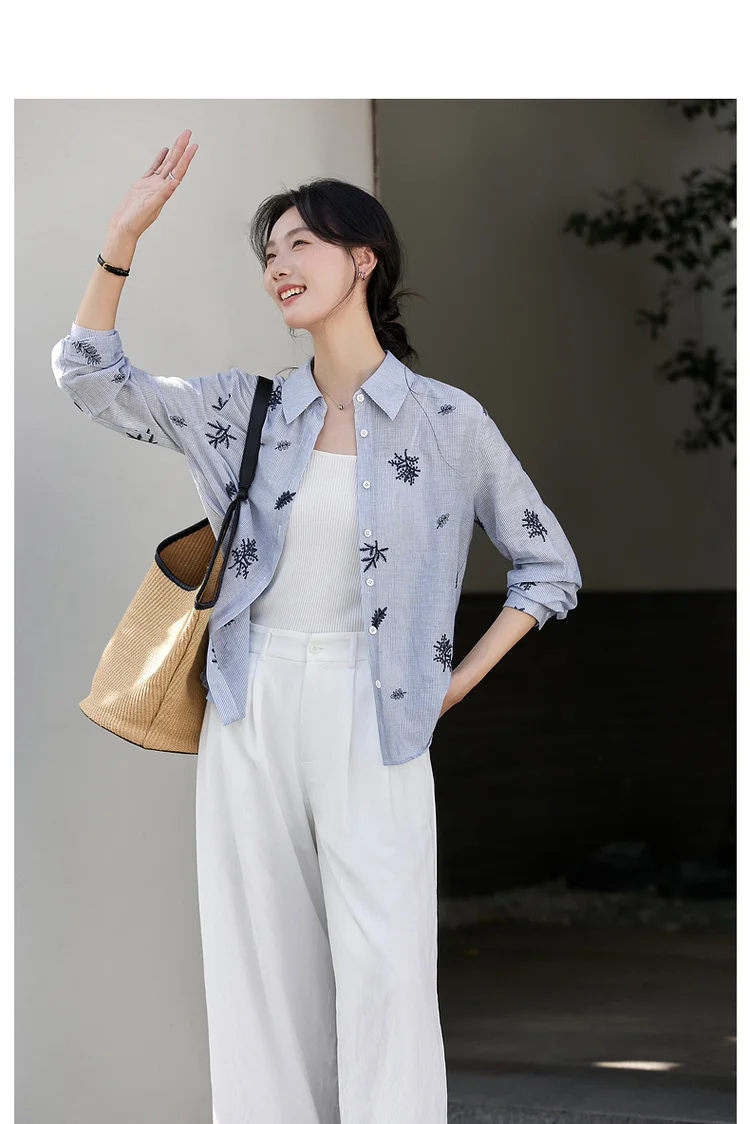 VIMLY Women's Blue Embroidery Shirt Casual 2026 Fall Clothes Striped Long Sleeve Polo Women Shirts Elegant Pure Cotton Top A3100