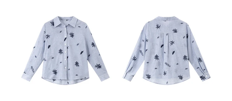 VIMLY Women's Blue Embroidery Shirt Casual 2026 Fall Clothes Striped Long Sleeve Polo Women Shirts Elegant Pure Cotton Top A3100