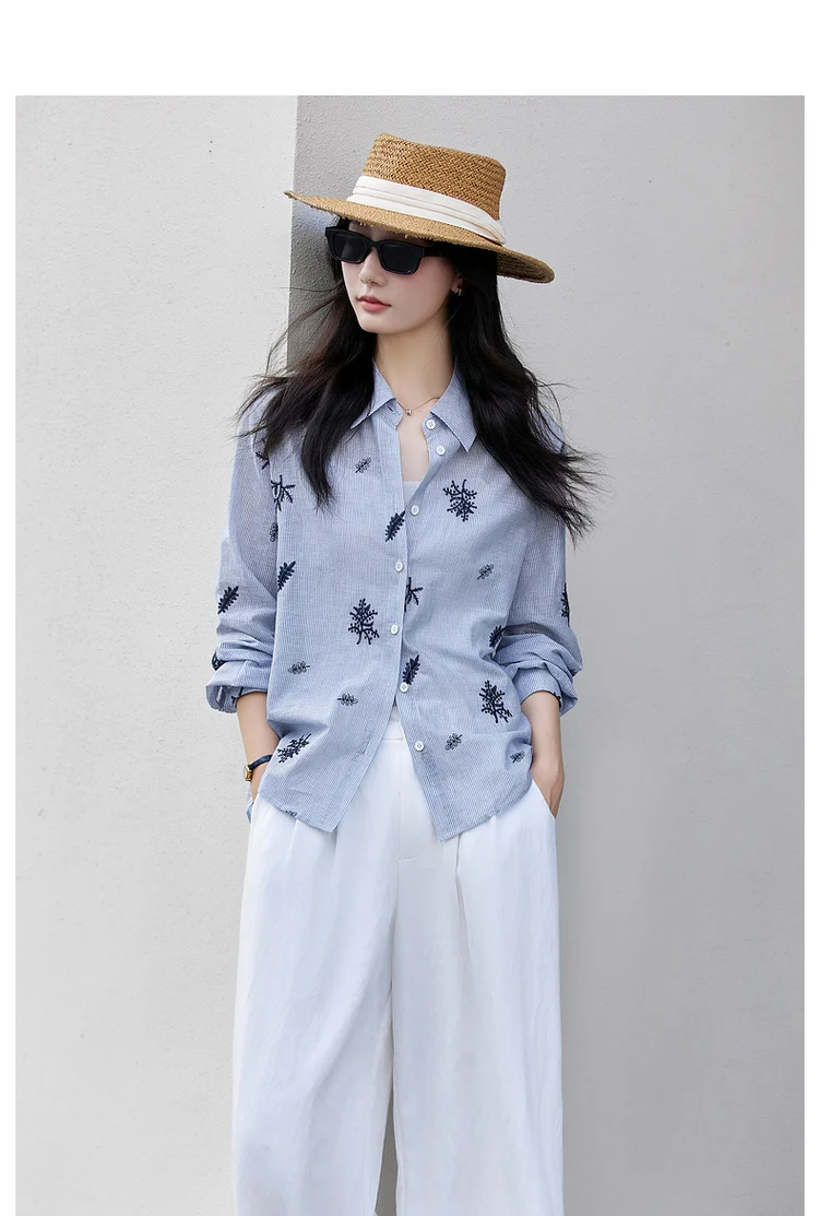 VIMLY Women's Blue Embroidery Shirt Casual 2026 Fall Clothes Striped Long Sleeve Polo Women Shirts Elegant Pure Cotton Top A3100