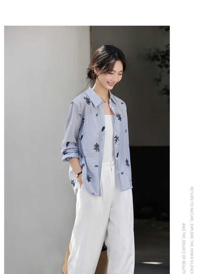 VIMLY Women's Blue Embroidery Shirt Casual 2026 Fall Clothes Striped Long Sleeve Polo Women Shirts Elegant Pure Cotton Top A3100
