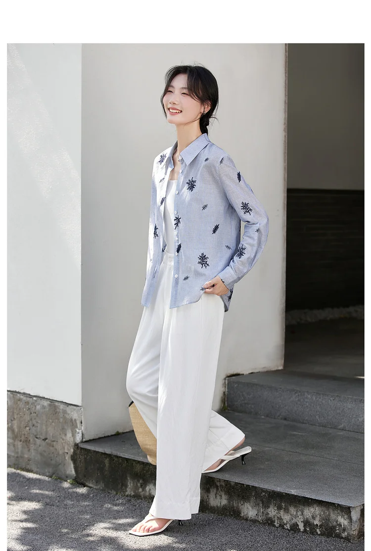 VIMLY Women's Blue Embroidery Shirt Casual 2026 Fall Clothes Striped Long Sleeve Polo Women Shirts Elegant Pure Cotton Top A3100