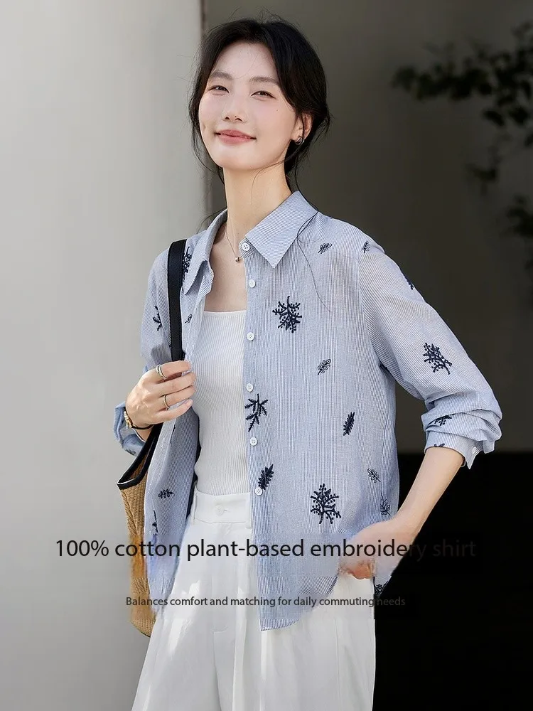 VIMLY Women's Blue Embroidery Shirt Casual 2026 Fall Clothes Striped Long Sleeve Polo Women Shirts Elegant Pure Cotton Top A3100