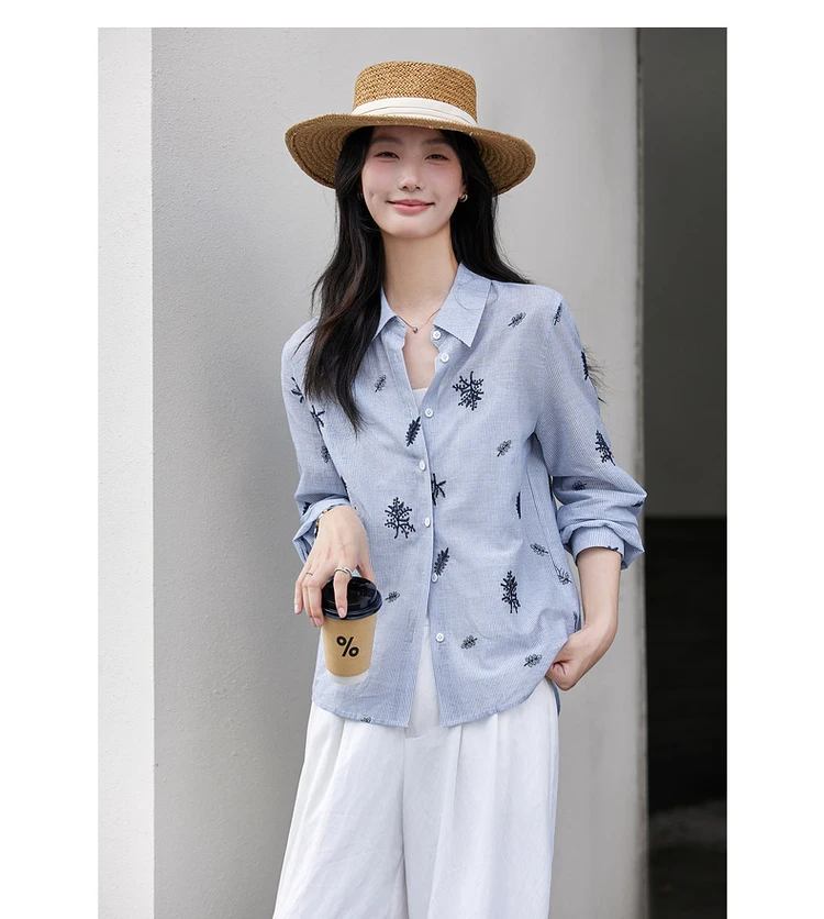 VIMLY Women's Blue Embroidery Shirt Casual 2026 Fall Clothes Striped Long Sleeve Polo Women Shirts Elegant Pure Cotton Top A3100