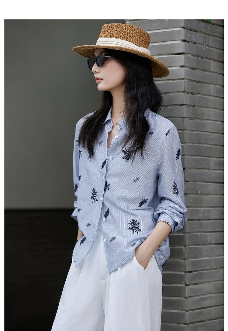 VIMLY Women's Blue Embroidery Shirt Casual 2026 Fall Clothes Striped Long Sleeve Polo Women Shirts Elegant Pure Cotton Top A3100