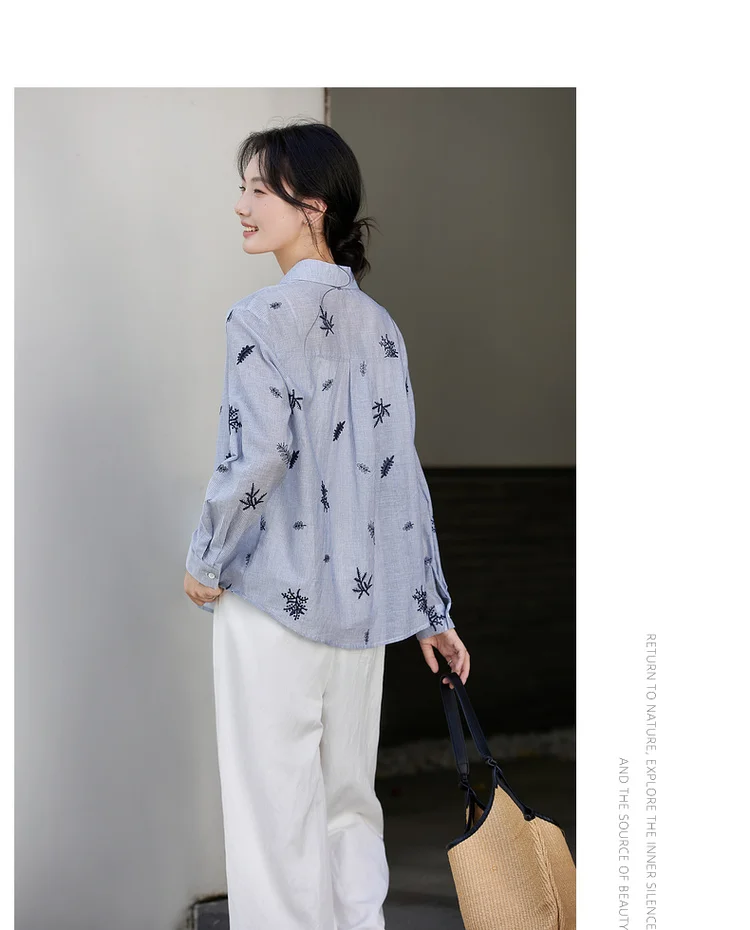 VIMLY Women's Blue Embroidery Shirt Casual 2026 Fall Clothes Striped Long Sleeve Polo Women Shirts Elegant Pure Cotton Top A3100