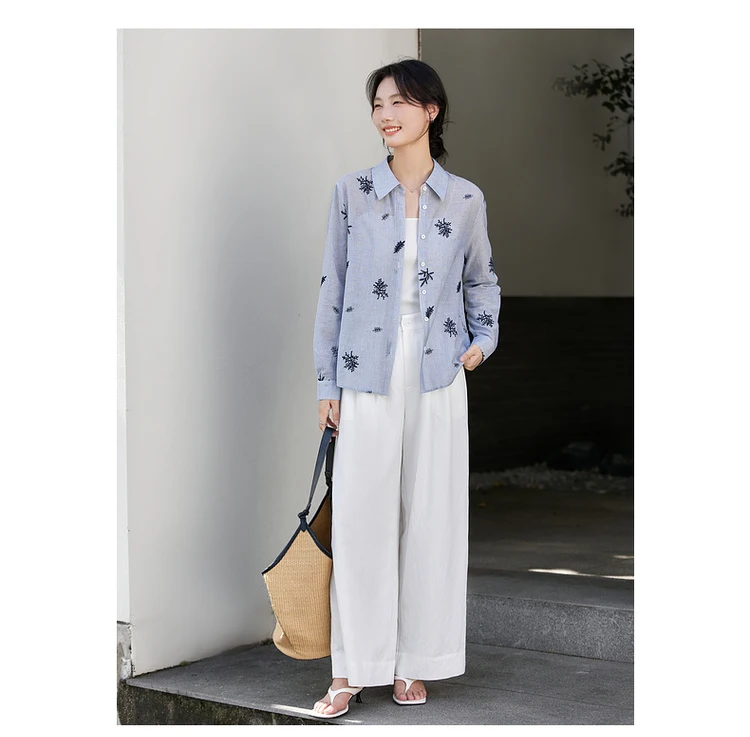 VIMLY Women's Blue Embroidery Shirt Casual 2026 Fall Clothes Striped Long Sleeve Polo Women Shirts Elegant Pure Cotton Top A3100