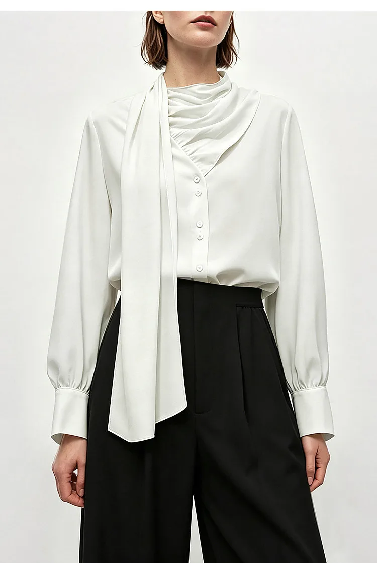 Amii Women's Blouse 2026 Autumn New V-Neck Elegant Long Sleeve Chiffon Top With Tie Neck Loose Flowy Shirt For Women 12653004