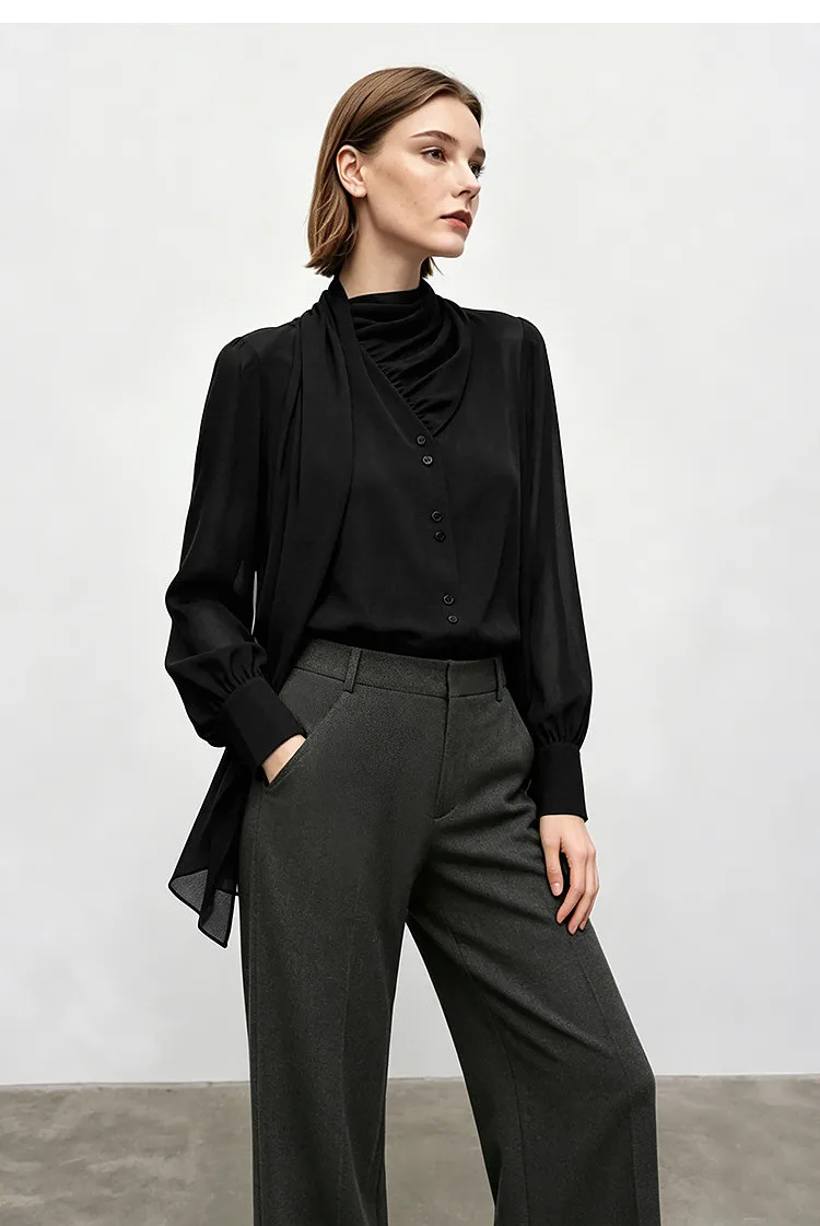 Amii Women's Blouse 2026 Autumn New V-Neck Elegant Long Sleeve Chiffon Top With Tie Neck Loose Flowy Shirt For Women 12653004