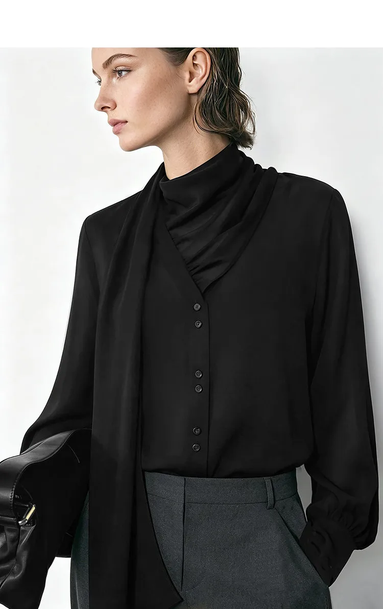 Amii Women's Blouse 2026 Autumn New V-Neck Elegant Long Sleeve Chiffon Top With Tie Neck Loose Flowy Shirt For Women 12653004