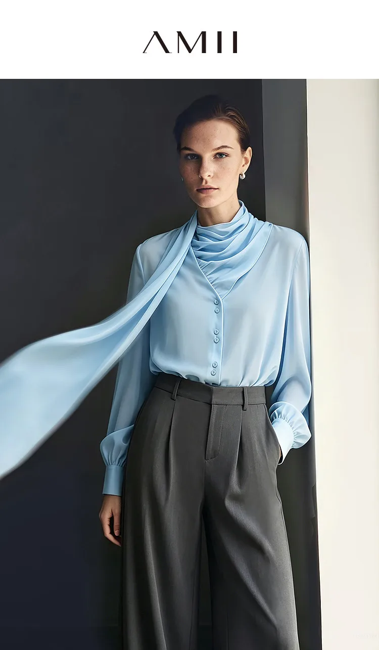 Amii Women's Blouse 2026 Autumn New V-Neck Elegant Long Sleeve Chiffon Top With Tie Neck Loose Flowy Shirt For Women 12653004