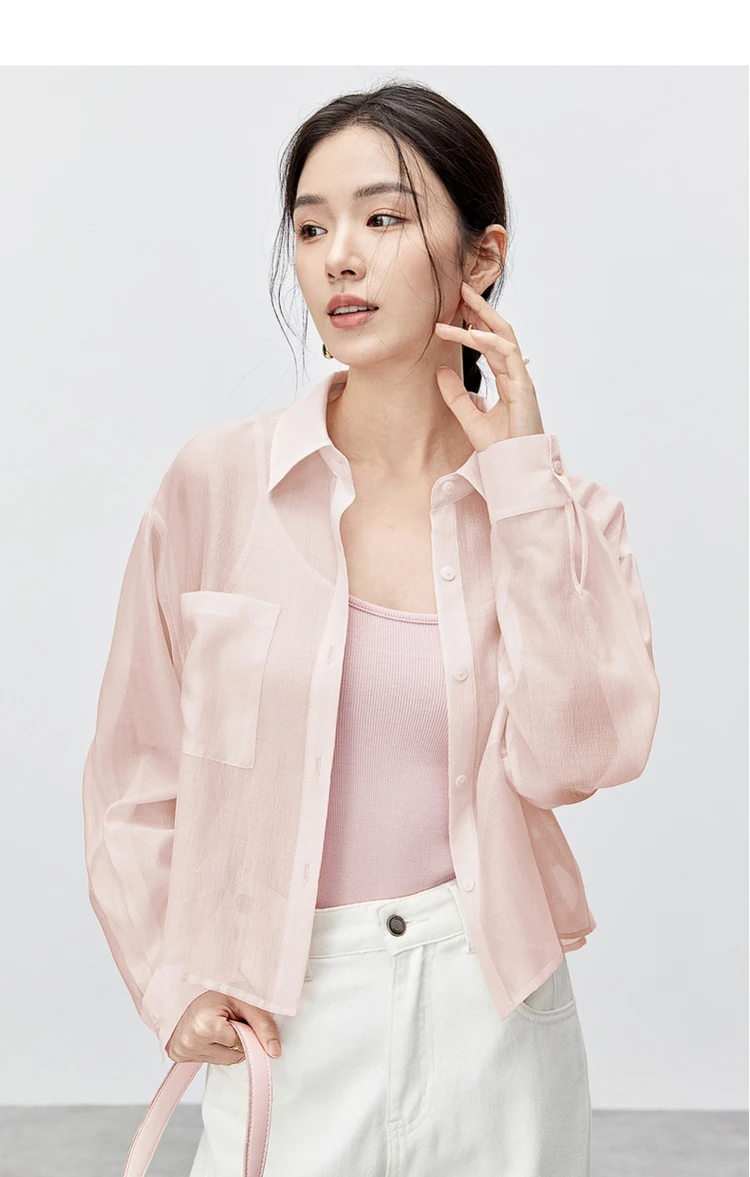 SENTUBILA Lyocell Women Shirt 2026 Spring Summer Lapel Neck Long Sleeve Crop Solid Pockets Lace-up Female Cozy Blouse 142C54323