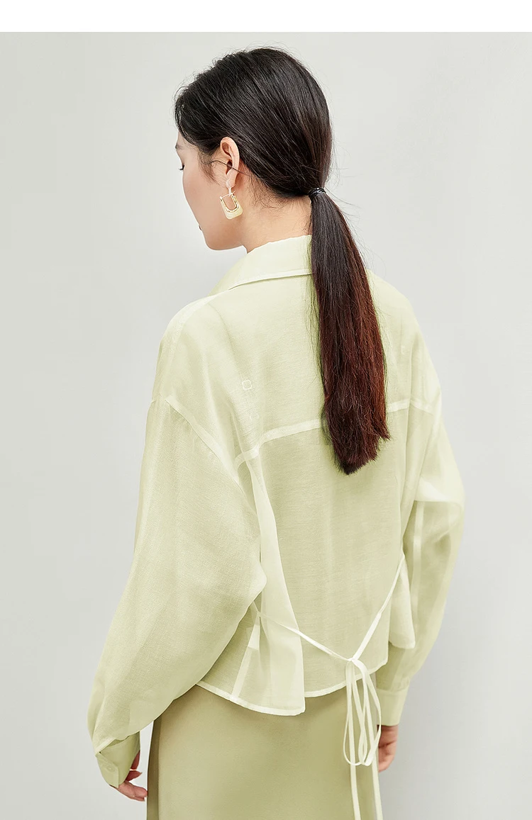 SENTUBILA Lyocell Women Shirt 2026 Spring Summer Lapel Neck Long Sleeve Crop Solid Pockets Lace-up Female Cozy Blouse 142C54323